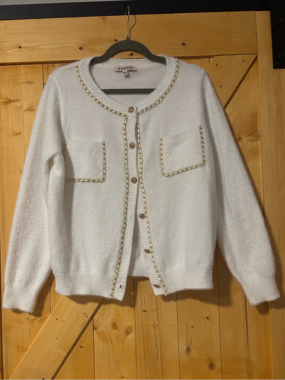 Nanette Lepore Cream Fuzzy Cardigan Sweater Gold Chain Trim‎ Tweed Vibez XL⁠